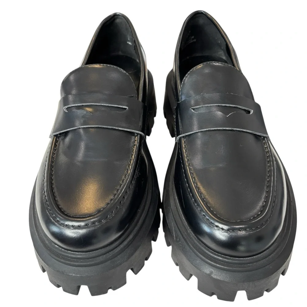 H&M Womens Chunky Platform Penny Loafers Black Patent Leather Shoe Size 39 / 8